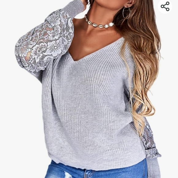 Hdieso V-Neck Long Lace Sleeve Sweater in Grey Size S - Picture 3 of 11